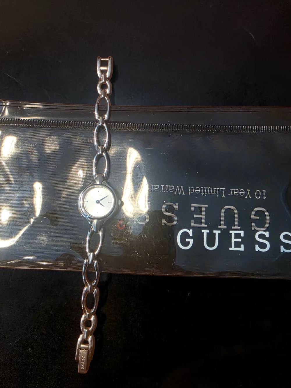 GUESS Vintage Silver Tone Dainty Chain Link Watch